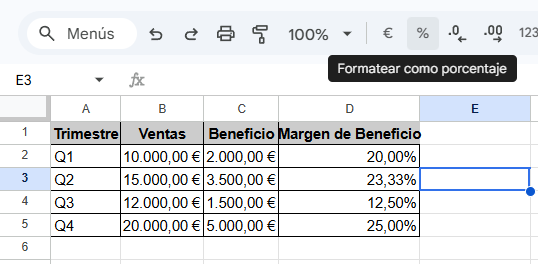 Tabla de Excel mostrando el cálculo de márgenes de beneficio con formato de porcentaje